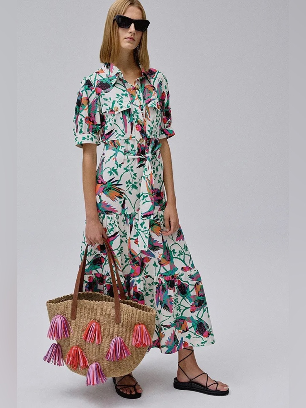 Derek Lam 10 Crosby Buffy Printed Utility Shirt Dress Tropical Birds